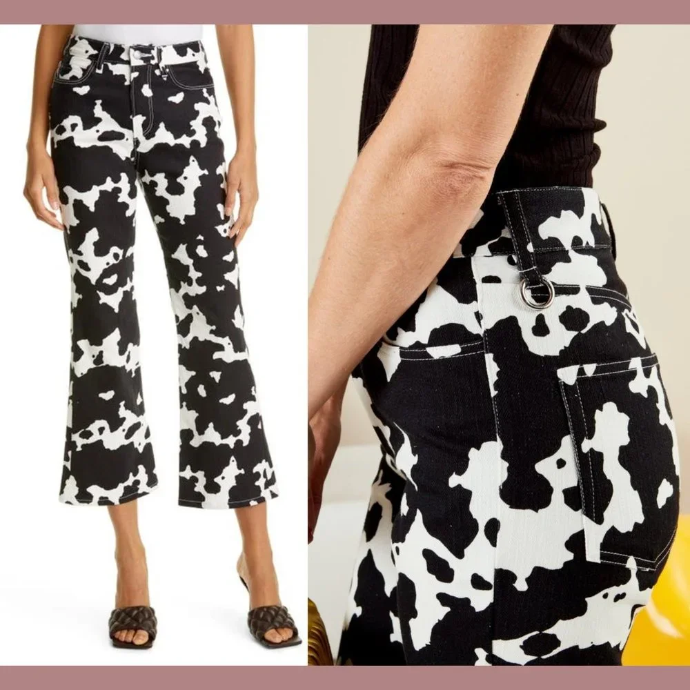 NEW $395 SIMON MILLER [ 24 ] Bell Bottom Jeans In Black White Cow‎ Print #Q375